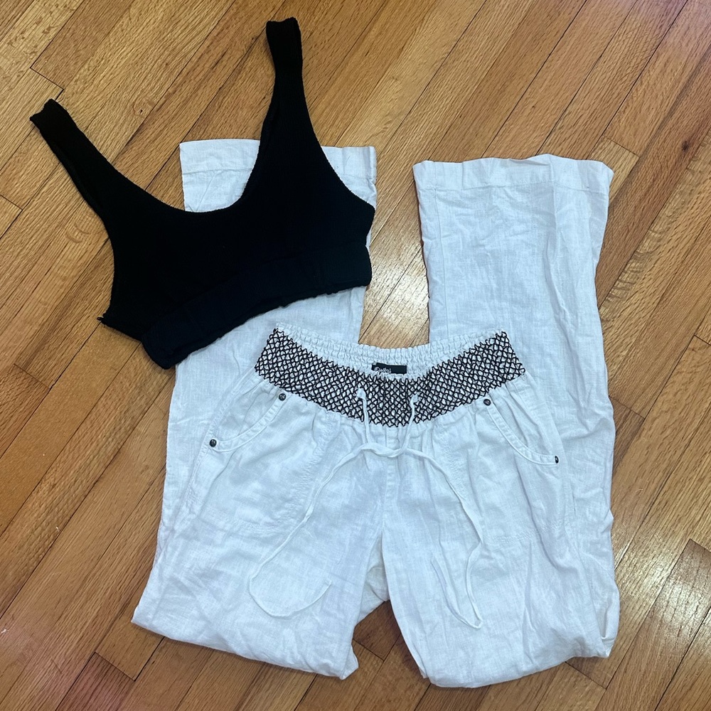 white linen pants with black embroidery detailing by rewash !!